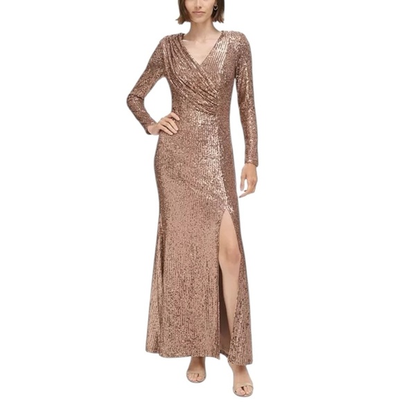 New! Eliza J Petite Sequined V-Neck Draped-Bodice Gown‎ - Picture 1 of 8